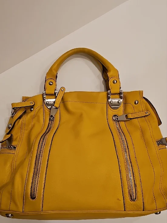 b. makowsky Yellow Leather Shoulder Satchel 15"x12"x4" - Picture 9 of 13